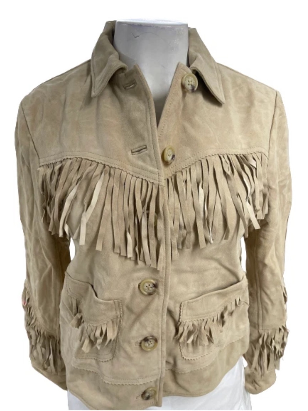 Lauren Ralph Lauren Women Fringe Trim Goat Suede Jacket Western Beige $705 PLUS